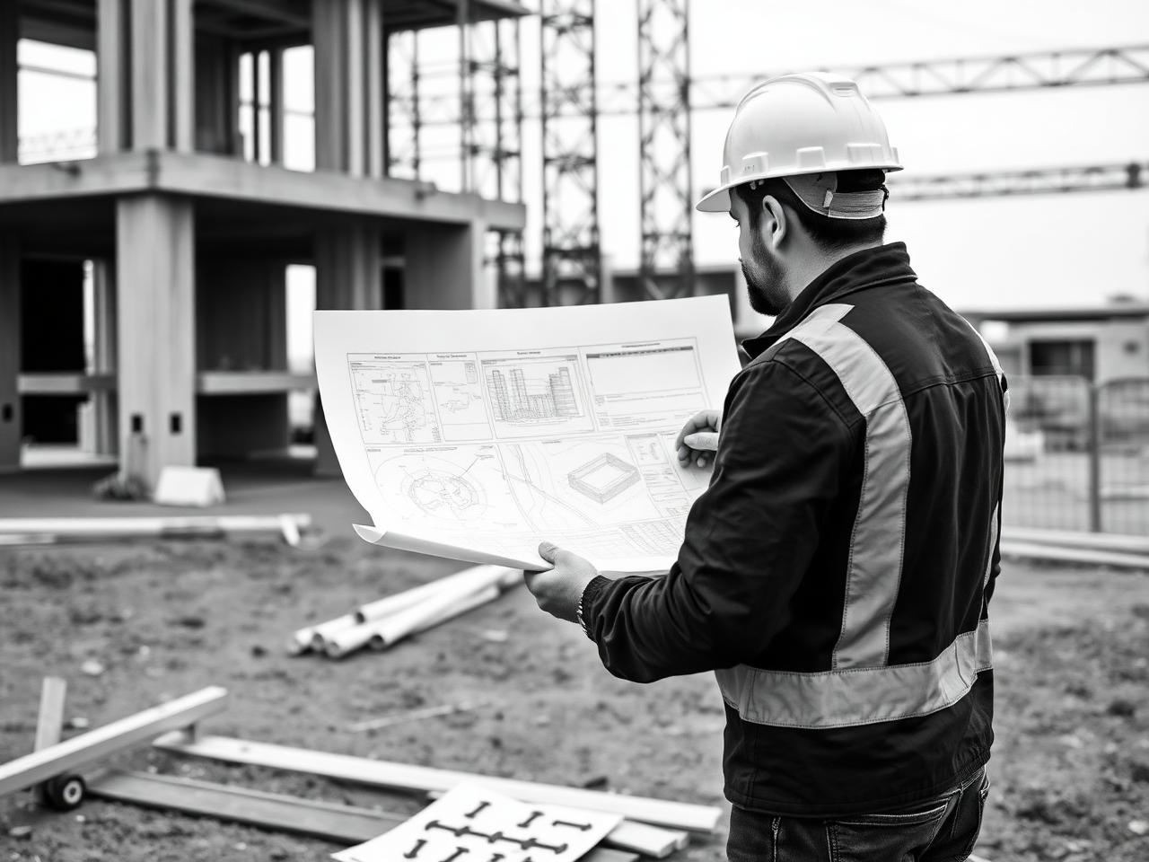Murermester gennemgår tegninger på betonstøbning - sort/hvid dokumentarfoto